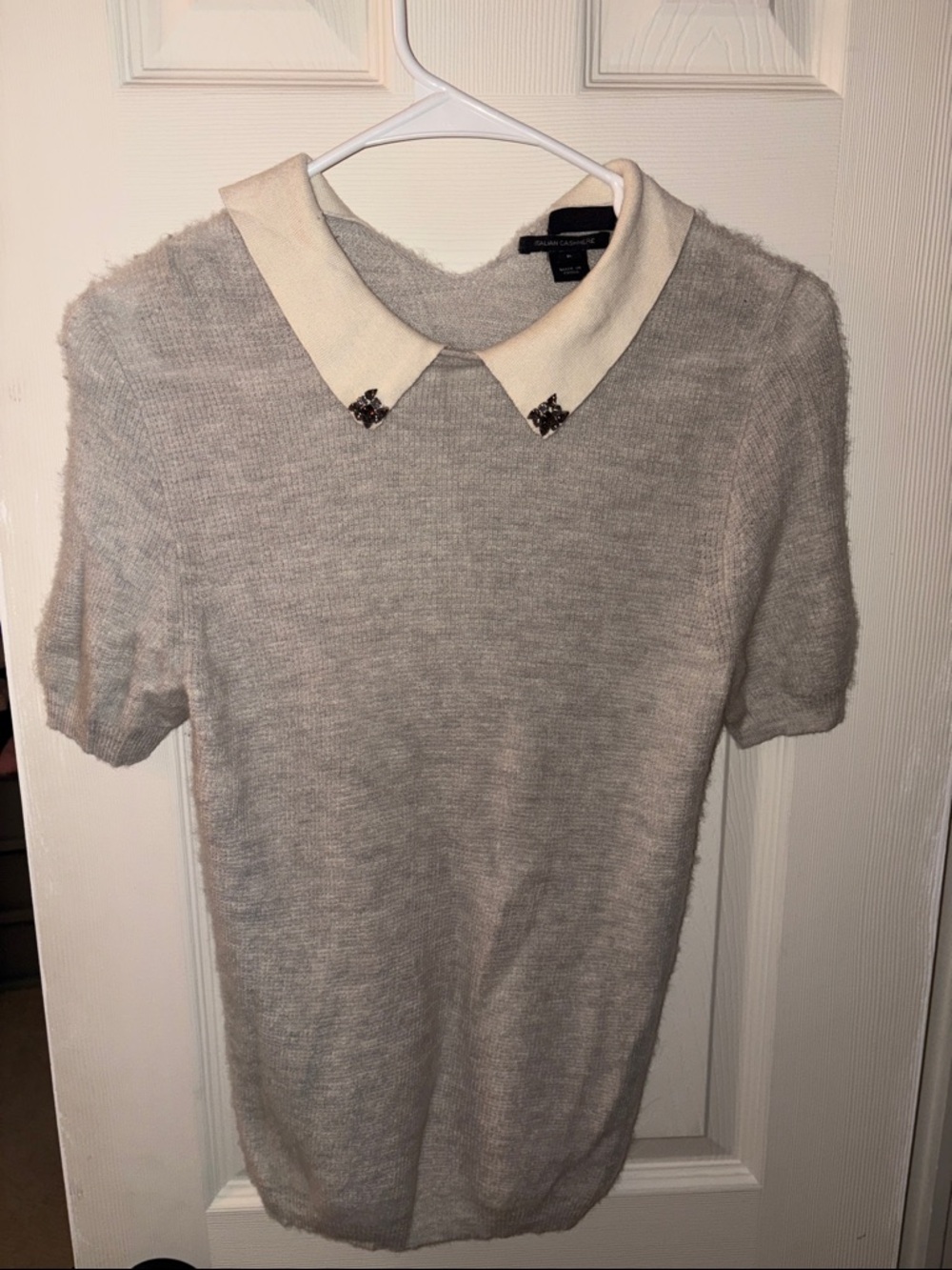 J. Crew Heather Gray Short-Sleeve Sweater with Cream Peter Pan Collar